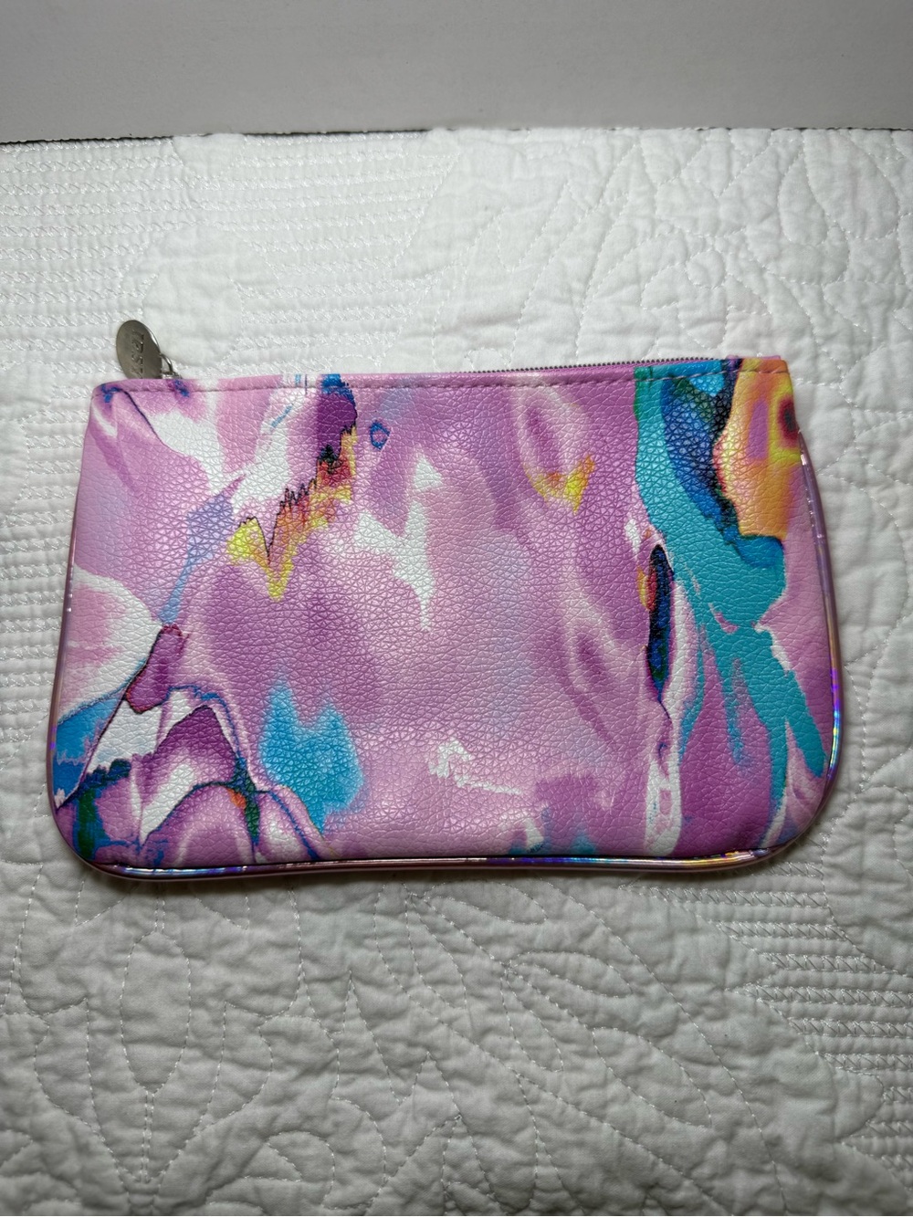 ipsy Pink Marble Cosmetic Pouch with Blue & Yellow Accents